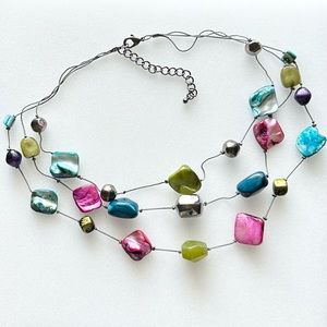 Multi Strand Purple Blue Green Dyed Blister MOP Gun Metal Necklace 16”